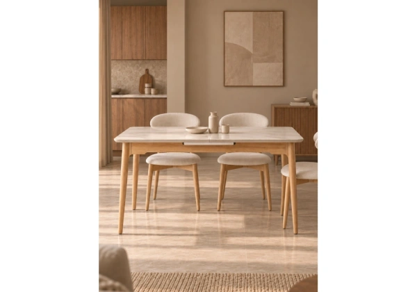 Керамический стол Woodville Halmar 140(180)x80 белый спеченный камень / светлое дерево
