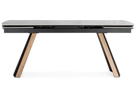 Керамический стол Woodville Симмонс 180(260)x90 statuario titan gloss / черный / орех дуб монтана