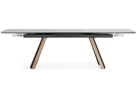 Керамический стол Woodville Симмонс 180(260)x90 statuario titan gloss / черный / орех дуб монтана
