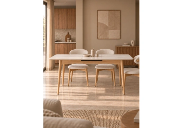 Керамический стол Woodville Halmar 140(180)x80 белый спеченный камень / светлое дерево
