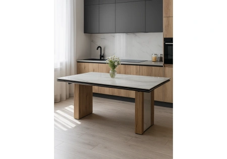 Керамический стол Woodville Бернардо 180x90 statuario titan gloss / дуб монтана